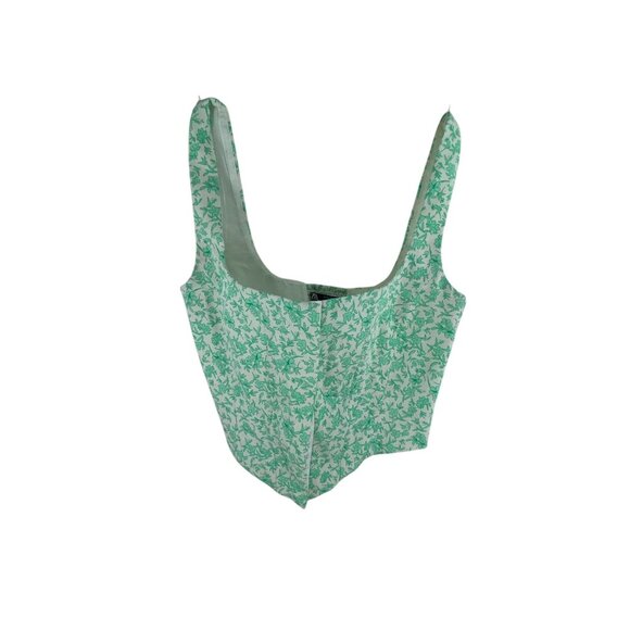 Zara Mint Green Floral Poplin Corset Top Sz M Cotton Blend Smocked Cropped - Picture 7 of 7